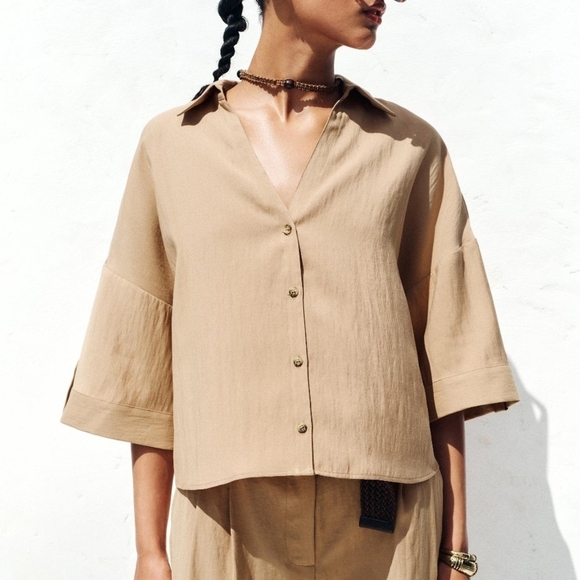 Zara Tops - NWT Zara Collared Button-Front Boxy Collared Shirt In Tan - S